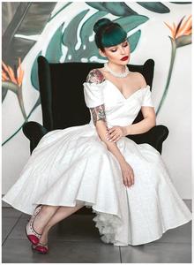 Boutique Vintage Off Shoulder Short Sleeves <strong>50s</strong> Style Belted Jacquard Swing <strong>Dress</strong> for Women - Product Image 5