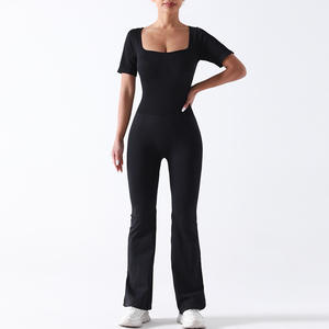 2024 cuello cuadrado <span class=keywords><strong>trompeta</strong></span> pantalones mono conjuntos de yoga sin costuras para mujeres mallas de pierna ancha ropa de gimnasio entrenamiento Fitness ropa deportiva - Product Image 3