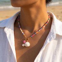 Nouveau Collier Bohème Plaqué Or avec Perles Turquoises Colorées, Coquillages et Pendentifs Étoiles – Vente en Gros Transfrontalière