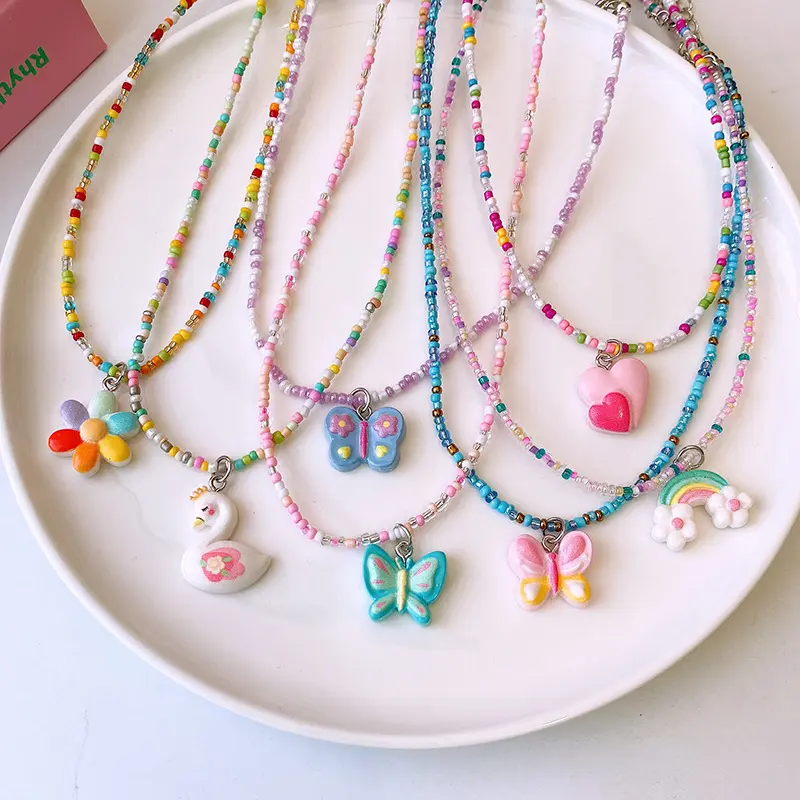 Modeschmuck Sommer harz Cartoon Süße Süße Frauen Kinder Mädchen Regenbogen Schmetterling Herz Blume Halsreif Perlen Halsketten