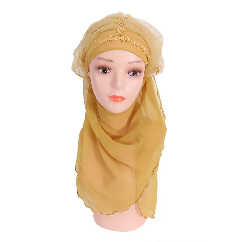 High Quality Muslim Scarf Delicate Islamic Turkish Ethnic Hijab Pure Color Lace With Beads Ladies Hijab Pins Muslim Scarf Women