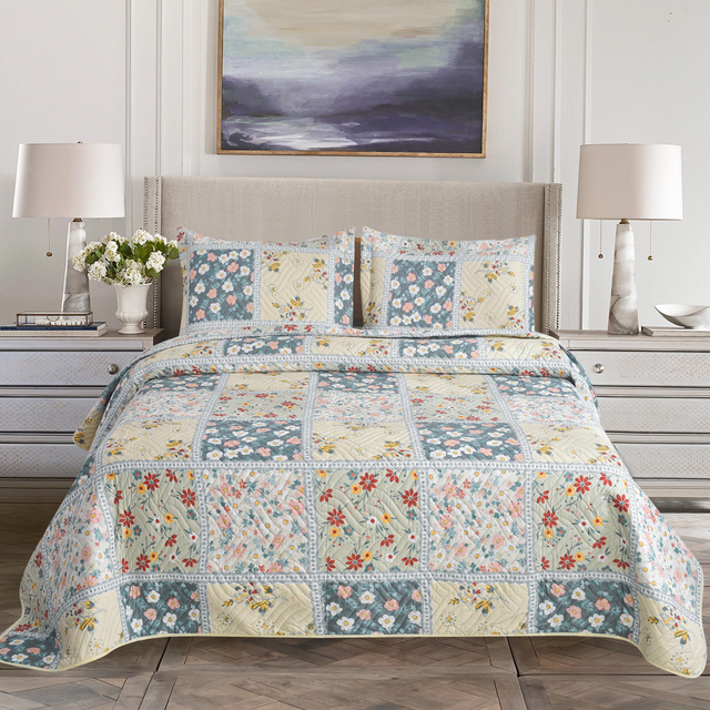 Vintage Quilted Coverlet Bedspread Set 3pc All Season Floral Printed Bed Blanket Quilt Set for Home Hotel