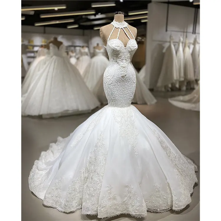 Großhandel Halfter sexy Spitze Meerjungfrau Bodycon Braut Ballkleid Prinzessin Saudi-Arabien Brautkleider sexy für Frauen