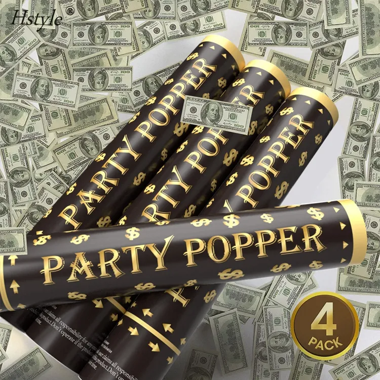 30cm Handheld Dollar Metallic Party Poppers Celebrate Paper Shooter Confetti Cannon Popper with Money Confetti Black Gold SD169