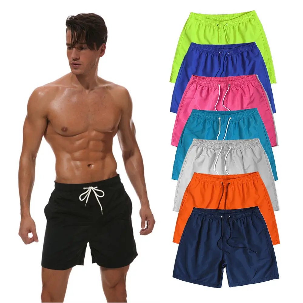 Pantalones cortos de playa de poliéster personalizados para hombre, tabla de surf, traje de baño corto, dos ojales con bolsillo trasero, pantalones cortos de natación, bañadores