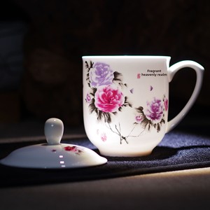 Tasse à thé en porcelaine bleue et blanche de Jingdezhen avec poignée et couvercle, pour usage en conférence/bureau, logo personnalisé imprimé, modèle B10-20 - Product Image 2