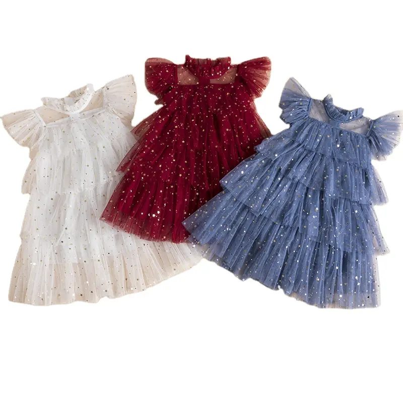 Summer Baby Girl Sequin Star Dress Flutter Sleeve Ball Gown Dresses Princess Kids Girl Sequin Star Layered Cake Mesh Tulle Dress