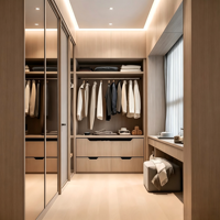 Dressing sur mesure avec coiffeuse intégrée et étagères ouvertes, rangement de garde-robe avec espace de suspension pour dressing