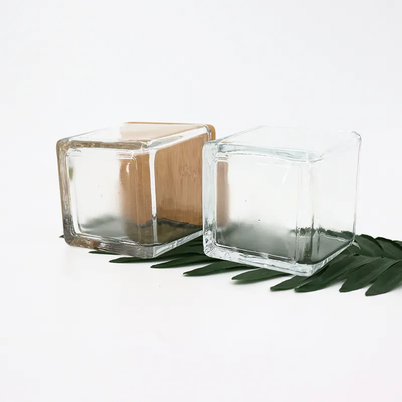 Tarro de vela cuadrado transparente de 240ml con tapa de bambú, vaso de vela de aromaterapia Simple transparente, tarro de portavelas cuadrado
