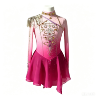 Costume de patinage artistique rose et magenta dégradé, robe en maille à manches longues avec strass pour filles adultes, compétition et performance