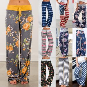 Pantalones de Yoga de pierna ancha larga con estampado elástico suelto informal para mujer, pantalones de salón con cordón, pantalones de pijama - Product Image 1