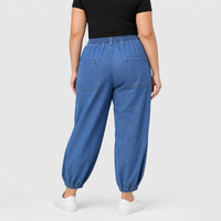 Pantalon de jogging en jean bleu pour femme grande taille, taille à cordon, poches plaquées, bas de jambe côtelé, taille US, OEM