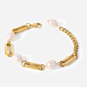Bracelet de perles pour femme, plaqué or 18 carats, chaîne géométrique, perle blanche, à porter au quotidien - Product Image 1
