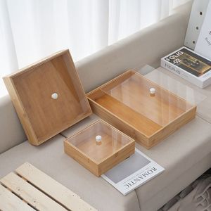 Plateau en bambou Dazhiran avec couvercle, lot de 3, couvercles en acrylique transparent, plateaux de service pour la présentation de pain et de gâteaux, rangement de cuisine - Product Image 1