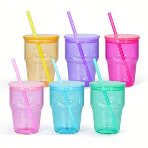 Vaso de Vidrio Apilable Transparente Estilo Ins, Color Rosa Degradado, con Tapa y Pajita para Bebidas Frías como Latte y Agua - Product Image 2