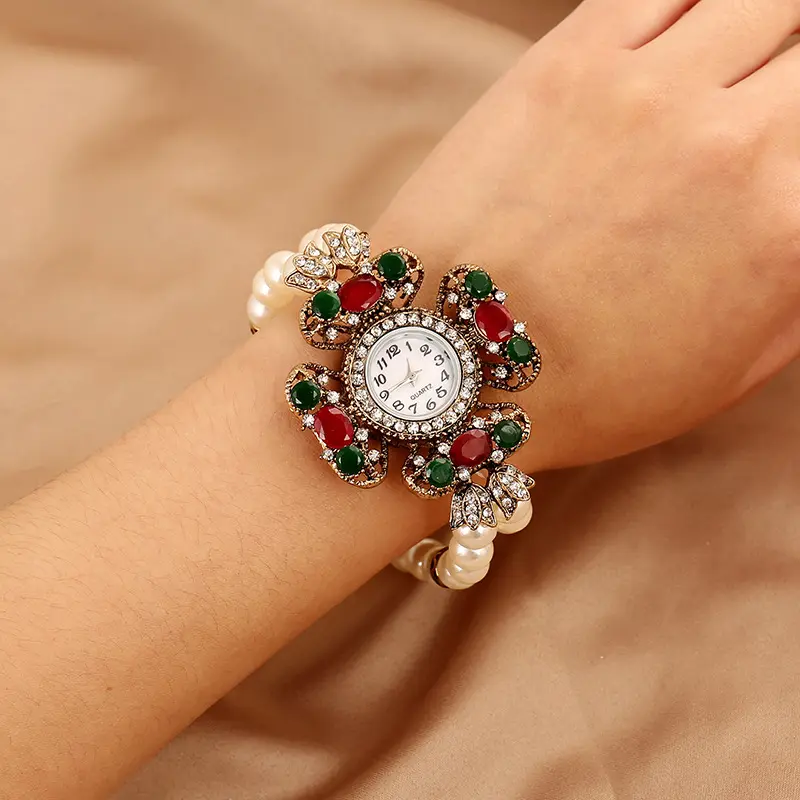 Newest handmade women flower shape bracelet watch rose gold colors crystal bracelet beautiful pearl for women