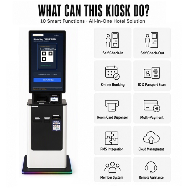 Unmanned Hotel Lobby Self Check-in Kiosk Touch Screen Passport Scanner Key Card Dispenser PMS Intefration Ready Custom