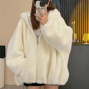 White <b>Faux</b> <b>Mink</b> <b>Fur</b> Hooded <b>Coat</b> Zipper Closure Women's Winter Outerwear Medium Thickness Regular Sleeves - Product Image 1