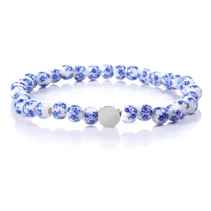 Handmade Beaded Bracelets High Quality White Color With Blue Porcelain Flower Design Round Ceramic Bead Eco-friendly Material