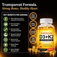 Capsules de Vitamine D3 K2 MK7 5000 UI à l'Huile de Coco pour les Os, l'Immunité et le Système Cardiovasculaire, Végétaliennes, 120 Comprimés Quotidiens