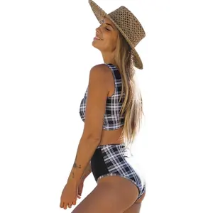 High Quality 2-Pieces Plaid Swimwear Women Bathing Suit Buckled Up Back Ladies Patchwork Checked Bikini Wholesales