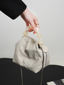 Sac seau en cuir de vachette première couche, design spécial, avec perles chinoises, poignée pour femme, design personnalisé, style niche - Product Image 5