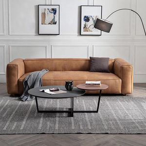 Mid-century American Vintage Caramel Wax Leather Straight <b>Sofa</b> with Wrap-around Arm <b>for</b> Home Living Room Decor - Product Image 1