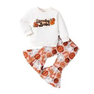 2023 осенний комплект одежды для девочек на Хэллоуин, толстовка с длинным рукавом с изображением призрака тыквы, топы, штаны-колокольчики, одежда для малышей на Хэллоуин
