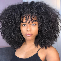 Perruque Afro Bouclée Frisée Noire Naturelle Faite à la Machine Avec Frange, Cheveux Humains Brésiliens Sans Colle Pour Femmes