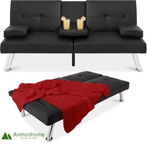Modern faux leather upholstered convertible foldable futon sofabed Apartment dormitory movable armrests with metal legs
