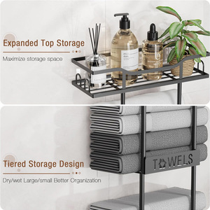 Towel Rack 3 Tier Metal Wall Mounted With Shelves <b>Black</b> Storage Organizer For <b>Bathroom</b> Towels - Product Image 4