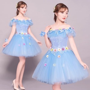 Women's Off Shoulder Floral Tulle Dress Short Stage Performance Gown For Wedding And Arts Exams Blue - Product Image 1