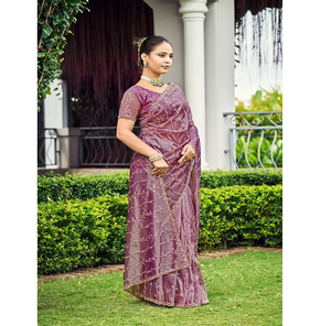 Abhi Fashion Designer Luxury <b>Satin</b> <b>Saree</b> Intricate Beadwork Elegant Traditional Party Wear for Women's Reception Festival Events - Product Image 1