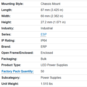 Fuente de Alimentación LED AC-DC ERP Power ESP060W-1400-42, 120-277 Vac, 87% de Eficiencia, 58.8W Máx., 1400mA, Carcasa de Aluminio - Product Image 4