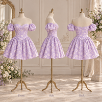 Robe mini pour femme ODM, jacquard floral, épaules dénudées, manches bouffantes, col cœur, froncée, coupe trapèze, robe de cocktail mini