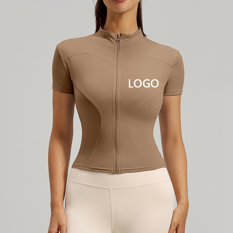 Custom Zipper Plus Size Nude Feeling High Stretch Quick Dry Fitness Short Sleeves Women Gym Yoga T Shirt