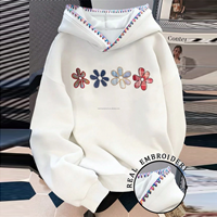 Sweat-shirt à capuche personnalisé pour femme avec broderie florale, bordure colorée, épaules tombantes, patchwork à carreaux, pull décontracté