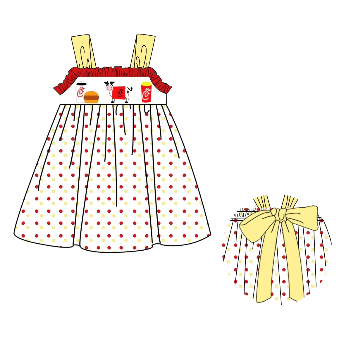 Sıcak satış fırfır kırmızı ve sarı Polka noktaları baskı yaz çocuk parti elbise rahat Fast Food aplike kız elbise