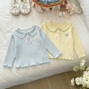 Cute Baby Girls Long Sleeve T-Shirt Spring Autumn Breathable Ribbed Collar Top With Rabbit Applique Casual Base Layer - Product Image 1