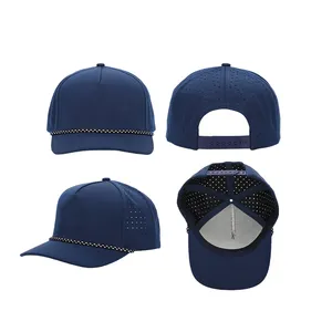 5 Panel Quick Dry Navy Blue Dryfit Mens Hydro Waterproof Performance Laser Holes Polyester Perforated Golf Rope Baseball Hat Cap