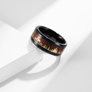 Stainless Steel Wood Grain Deer Herd Inlay <b>Couple</b> <b>Rings</b> Unisex Engagement Jewelry - Product Image 2