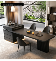 Table longue simple avec plateau en pierre, table à manger en bois massif, armoire de bar, îlot de cuisine, idéale pour salle à manger et villa
