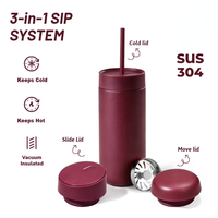 Bouteille d'eau d'extérieur tendance 3-en-1 personnalisée avec paille et système de boisson, tasse de voyage portable de 16 oz pour café, idéale pour les cadeaux
