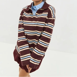 Custom High Quality <strong>Women</strong> Vintage Striped Rugby <strong>Polo</strong> <strong>Long</strong> <strong>Sleeve</strong> Top Oversized Round Collar Half Button Casual Pullover <strong>Shirt</strong> - Product Image 2