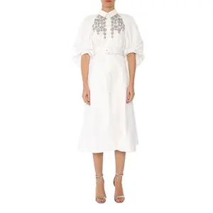 女性用ベルト付きファッション高品質カスタムクリスタルギャザーフェイルパフ袖ミディシャツドレス