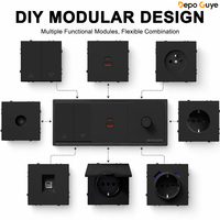 Stopkontak Dinding Prancis EU Hitam USB-A Tipe-C 3 Outlet 1/2 Gang Saklar Lampu TV RJ45 CAT6 Modul DIY 16A Bingkai Plastik
