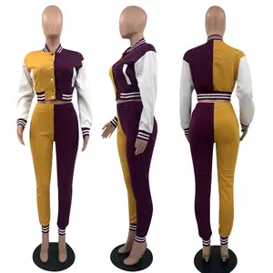 Marka logosu Patchwork beyzbol ceket en dar pantolon koşu kıyafetleri iki parçalı Set kadın rahat spor eşofman takımlar eşofman