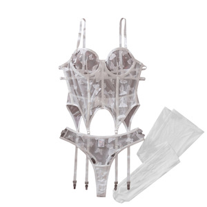 Women's Backless Mesh Lingerie Set With 3D Applique Sexy Cut-Out See-Through Corset Bra & Panty Set With <b>Stocking</b> - Product Image 5