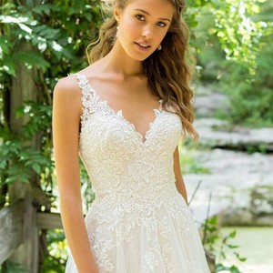 Wedding Dress A-Line V-Neck Lace Long Train White Plus Size Beach Style - Product Image 3