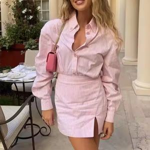 Conjunto de Dos Piezas de Lino a Bajo Precio, Top Corto Informal con Cuello Camisero para Mujer, Falda Corta de Lino con Cintura Elástica y Corte en A - Product Image 2